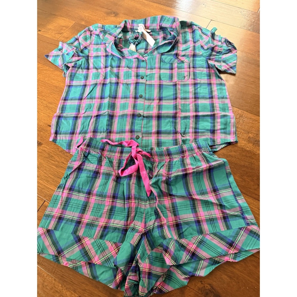 Victoria's Secret Pajama Set Size Med Pink Green Blue Plaid Short Sleeve Shorts
